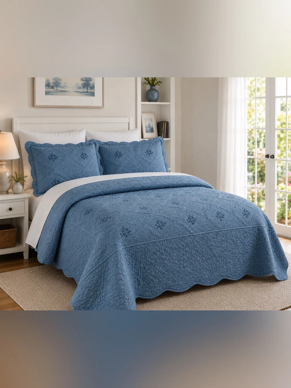 Classic Quilted Bedspread Set in Blue - 3-Piece